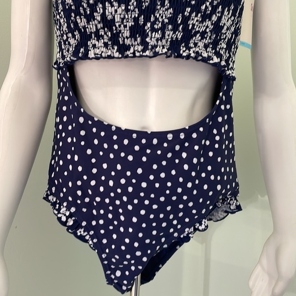Retro Smocked one piece cut out swimsuit navy and white juniors Large 11-13 - Picture 2 of 6